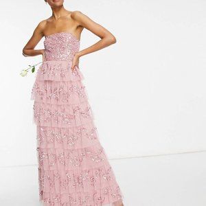 ASOS Maya Maxi All Over Embellished Pink & Silver Dress